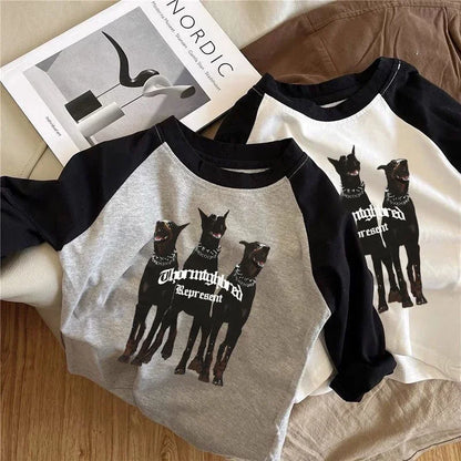2025 Spring Baby Cartoon Wolf T-Shirts Kids Boys Girls Cotton Long Sleeve Top Clothes For 1-8Y Children'S Casual Outfit Pullover