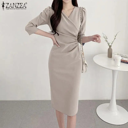 ZANZEA Summer Fashion Womens Dress Sexy Solid Color Knee Length Bodycon Sundress Elegant 3/4 Sleeve V-Neck Work OL Vestidos 2025