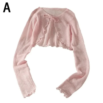 Summer Women Thin Sunscreen Cardigan Lace-up Knitwear Tops Female Korean Style Lantern Sleeve Short Coat Casual Sun Protected
