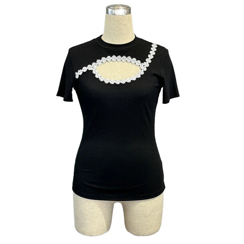 Sexy Short Sleeve Hollow Out Tops Female Black Slim Tee Basic T Shirt Women Elegant Slim Tops
