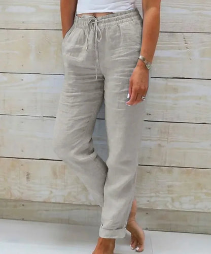 Women Cotton Linen Pants Summer Female High Elastic Waist Drawstring Pocket Beachwear Holiday Straight Trousers JYFS-1044