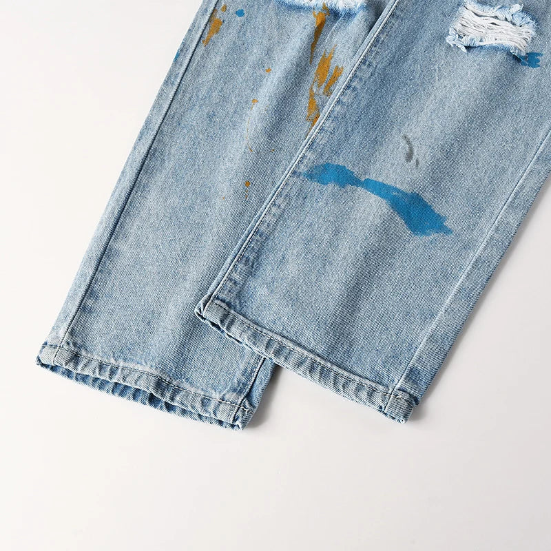 Men's High Street Distressed Washed Light Blue Non-Stretch Damaged Holes Spray Paint Slim Fit Jeans Pants