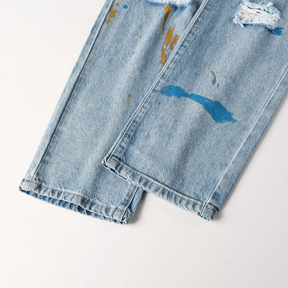 Men's High Street Distressed Washed Light Blue Non-Stretch Damaged Holes Spray Paint Slim Fit Jeans Pants