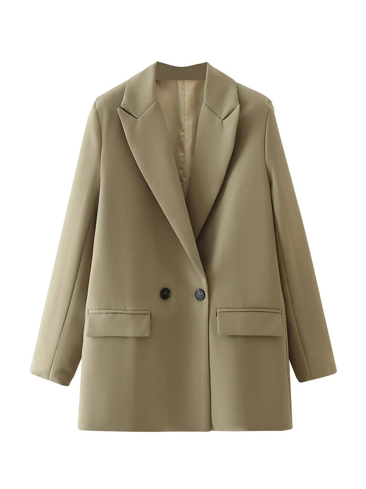 TRZA Women Chic Office Lady Double Breasted Blazer Vintage Coat Fashion Notched Collar Long Sleeve Ladies Outerwear Stylish Tops