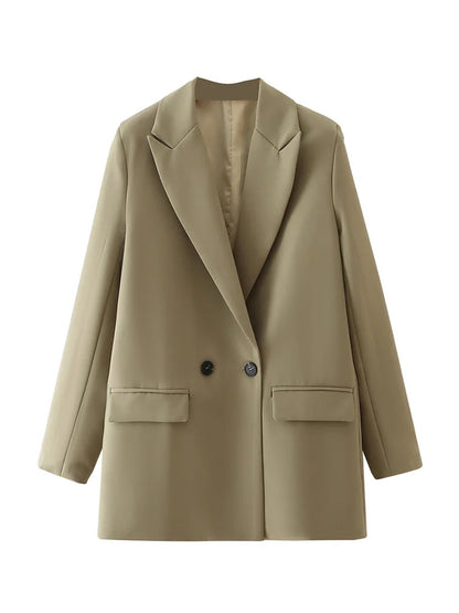 TRZA Women Chic Office Lady Double Breasted Blazer Vintage Coat Fashion Notched Collar Long Sleeve Ladies Outerwear Stylish Tops