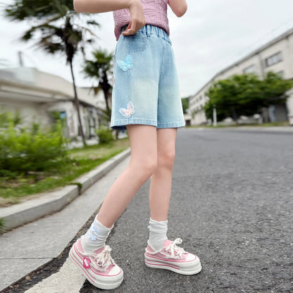 Girls summer style nailed side butterfly denim shorts thin 2025 new fashion denim hot pants casual sports shorts suitable for