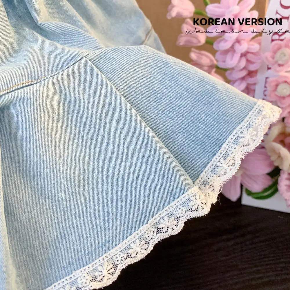 Girls Summer Denim Skirt Baby Girl Korean New Style Cute Bow Lace Pleated Skirt