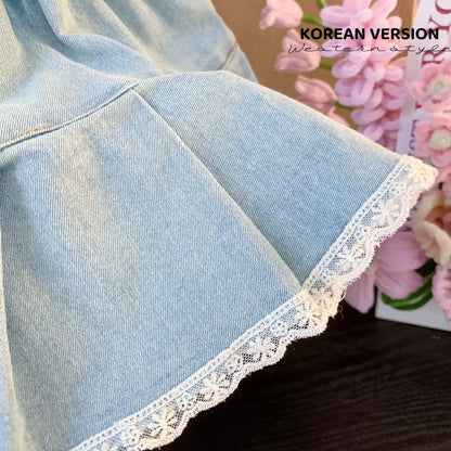 Girls Summer Denim Skirt Baby Girl Korean New Style Cute Bow Lace Pleated Skirt