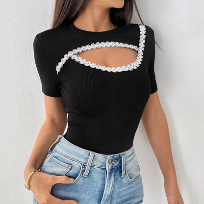 Sexy Short Sleeve Hollow Out Tops Female Black Slim Tee Basic T Shirt Women Elegant Slim Tops