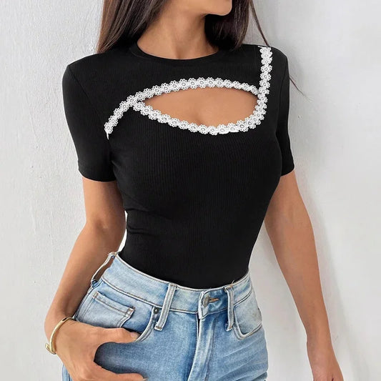 Sexy Short Sleeve Hollow Out Tops Female Black Slim Tee Basic T Shirt Women Elegant Slim Tops