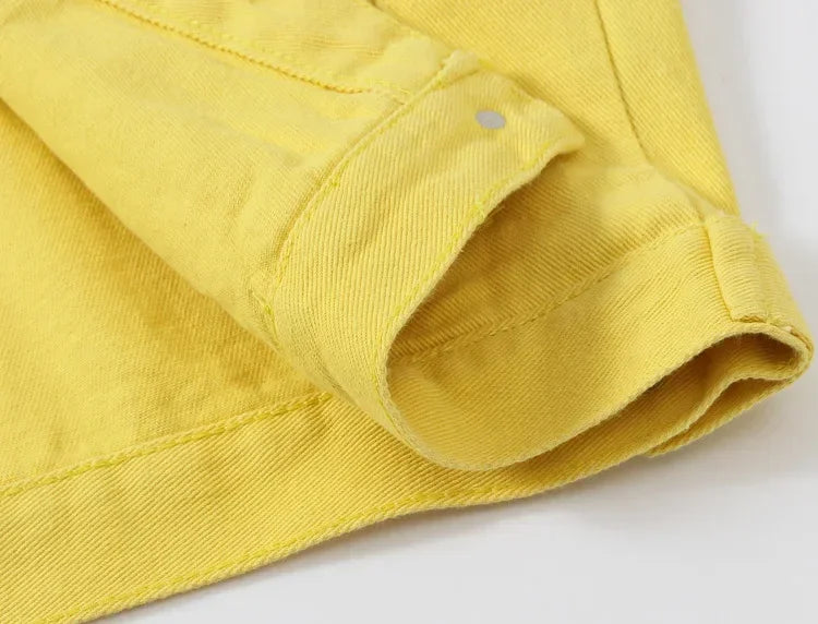 Yellow Women's Long Sleeve Jacket, Single Breasted Lapel Denim Jacket, Fashion Women's Tops Jacket Blue White Women's Coat