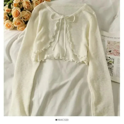 Summer Women Thin Sunscreen Cardigan Lace-up Knitwear Tops Female Korean Style Lantern Sleeve Short Coat Casual Sun Protected