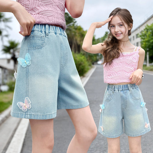 Girls summer style nailed side butterfly denim shorts thin 2025 new fashion denim hot pants casual sports shorts suitable for