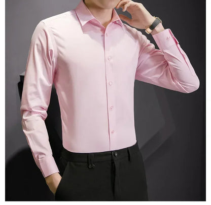 New Plus Size 8XL Men Solid Color Business Shirt Long Sleeve Shirt Fashion Classic Basic Casual Slim White Spring Autumn