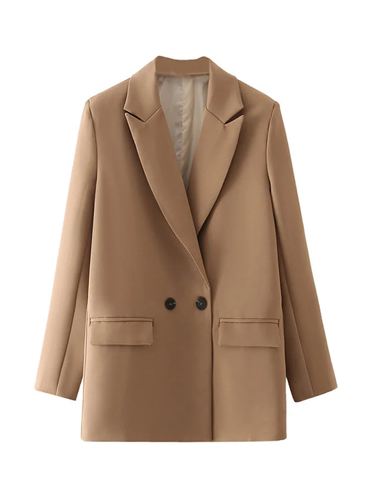 TRZA Women Chic Office Lady Double Breasted Blazer Vintage Coat Fashion Notched Collar Long Sleeve Ladies Outerwear Stylish Tops