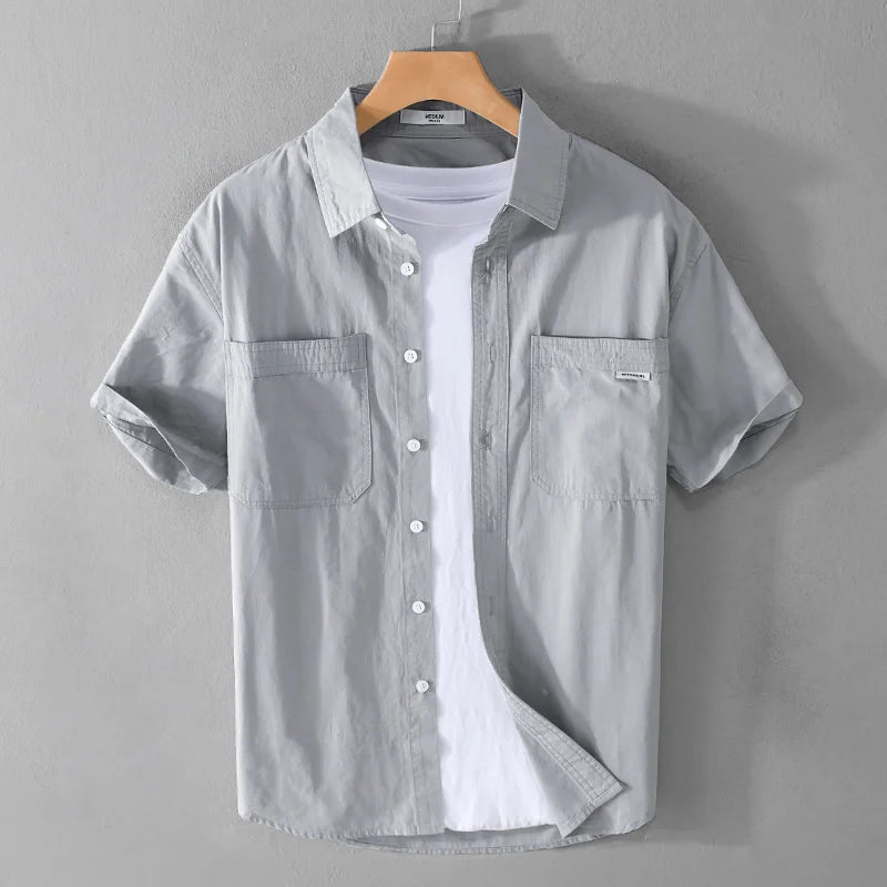 Summer Men's Casual Short Sleeve Comfortable Shirt 100% Cotton Sold Color Loose Simple Male Workwear Versatile Youth Fresh Shirt