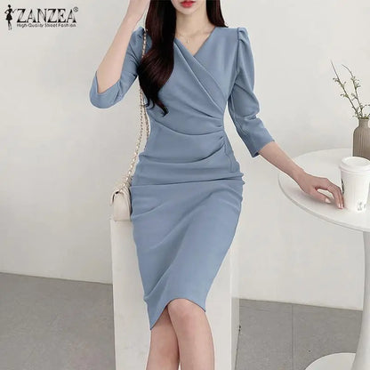 ZANZEA Summer Fashion Womens Dress Sexy Solid Color Knee Length Bodycon Sundress Elegant 3/4 Sleeve V-Neck Work OL Vestidos 2025