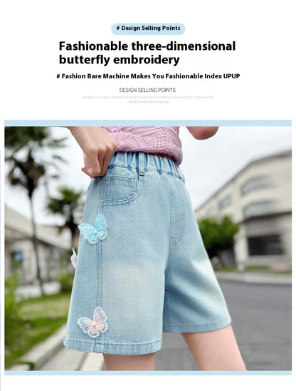 Girls summer style nailed side butterfly denim shorts thin 2025 new fashion denim hot pants casual sports shorts suitable for