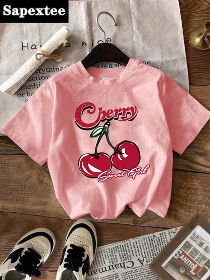 Korean Style Simple Fruit Cherry Print Cotton T Shirt For Kids Adults Trendy Street Harajuku Tees Daily Girls Summer Sweatshirts