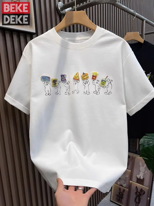 Hot Sale Summer Mens Fashion High Street Cartoon Patch Embroidery T Shirts Loose Fit Tees O Neck Short Sleeve Casual 2025 New