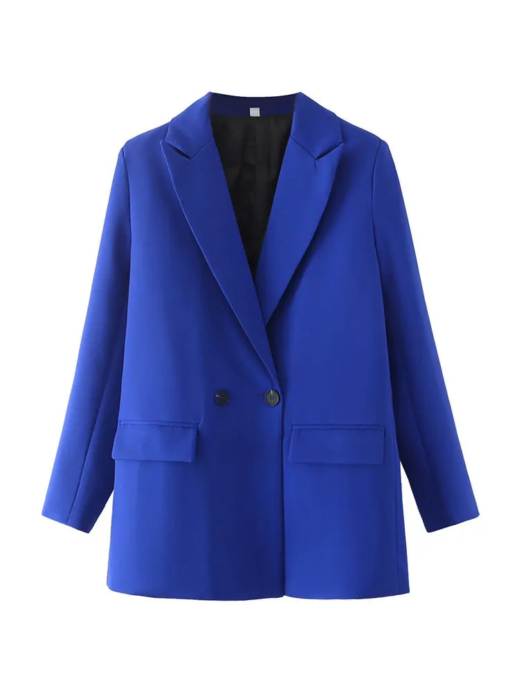 TRZA Women Chic Office Lady Double Breasted Blazer Vintage Coat Fashion Notched Collar Long Sleeve Ladies Outerwear Stylish Tops