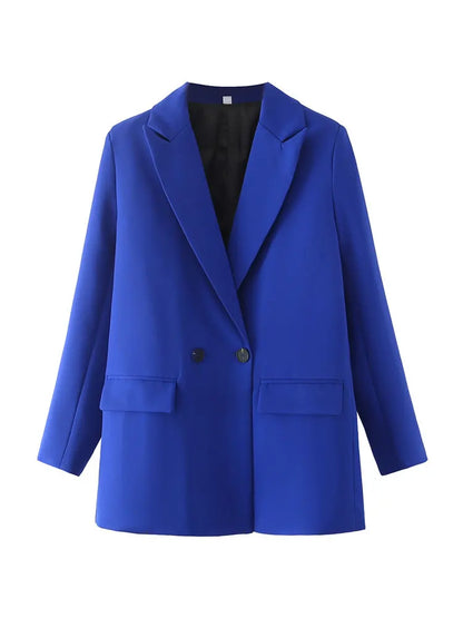 TRZA Women Chic Office Lady Double Breasted Blazer Vintage Coat Fashion Notched Collar Long Sleeve Ladies Outerwear Stylish Tops