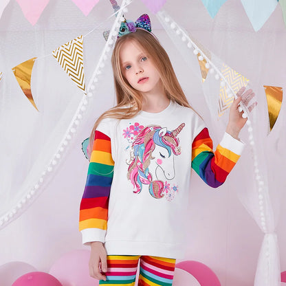 DXTON Girls Sweatshirts Kids Unicorn Sequined Appliqued Rainbow Striped Sweatshirts Kids Long Sleeve Hoodies Sport Shirts 3-12Y