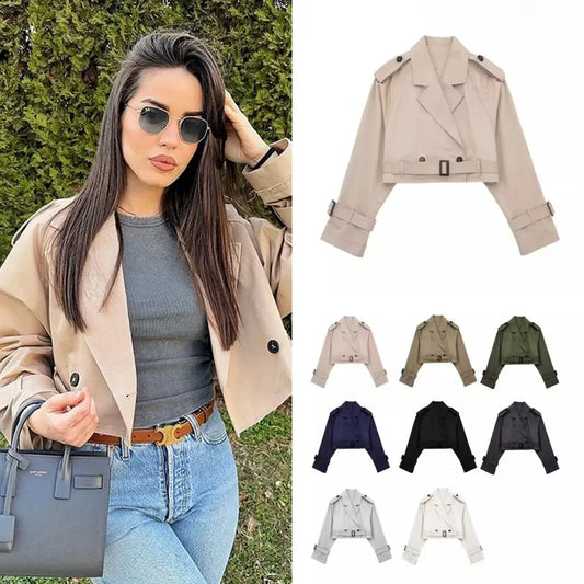 2025 Cropped Trench Coat with Belt - Vintage Double Breasted Spring Jacket for Women| Streetwear Outerwear