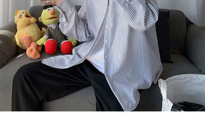 Japanese striped long-sleeved shirt boys simple trend literary fan lining clothes spring and autumn casual coat couple...