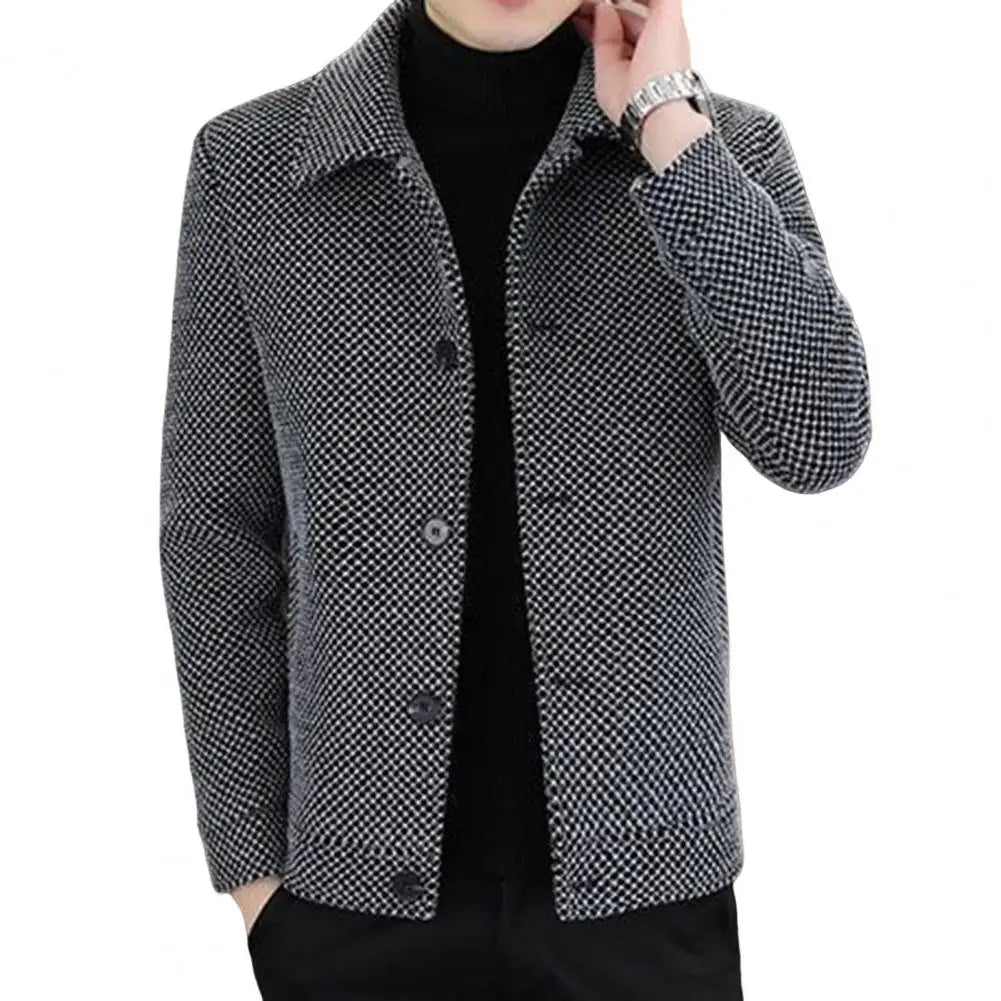 Men Jacket Solid Color Lapel Long Sleeve Men Outerwear Thickened Plush Lining Single-Breasted Casual Coat For Autumn Winter