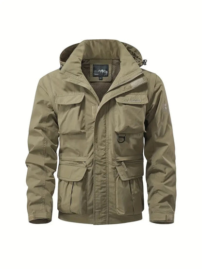 Detachable windproof sleeved hooded jacket suitable for outdoor activities men's casual waterproof multi pocket jacket vest