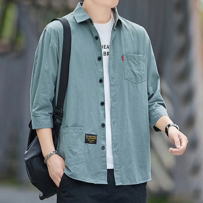 Men shirts Summer Men's clothing Short-Sleeved shirts & blouses Daily Solid Color Stand-Up Collar Casual Beach Style Male Shirt