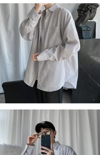 Japanese striped long-sleeved shirt boys simple trend literary fan lining clothes spring and autumn casual coat couple...