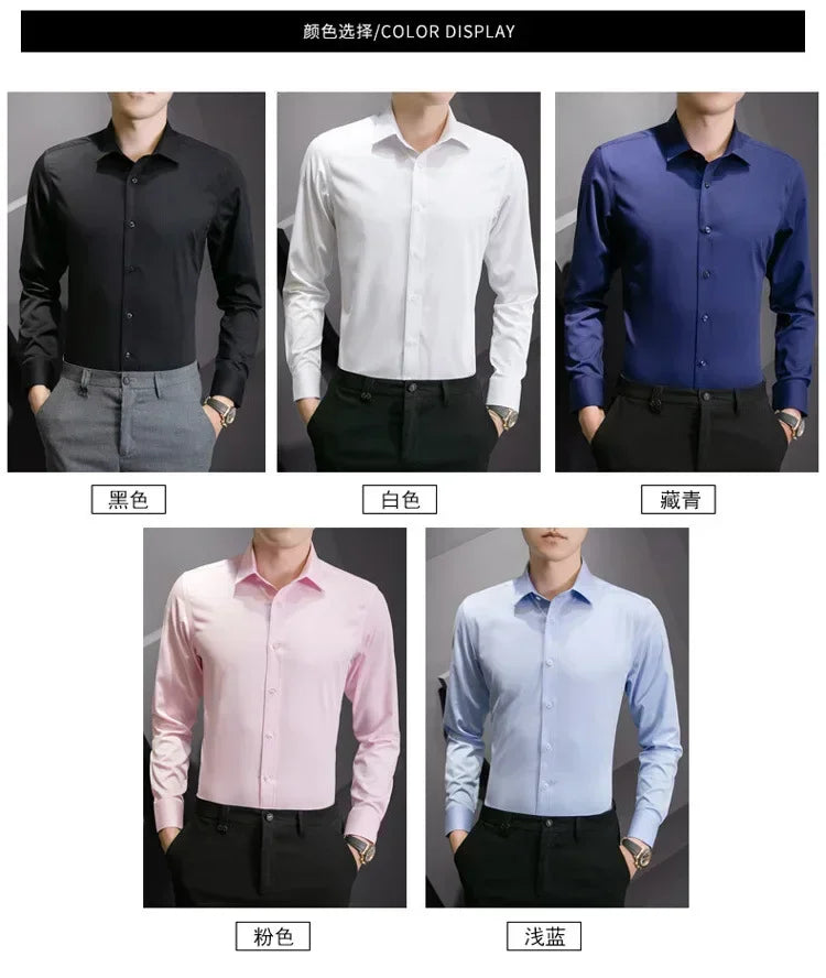 New Plus Size 8XL Men Solid Color Business Shirt Long Sleeve Shirt Fashion Classic Basic Casual Slim White Spring Autumn