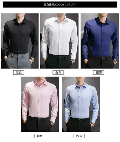 New Plus Size 8XL Men Solid Color Business Shirt Long Sleeve Shirt Fashion Classic Basic Casual Slim White Spring Autumn