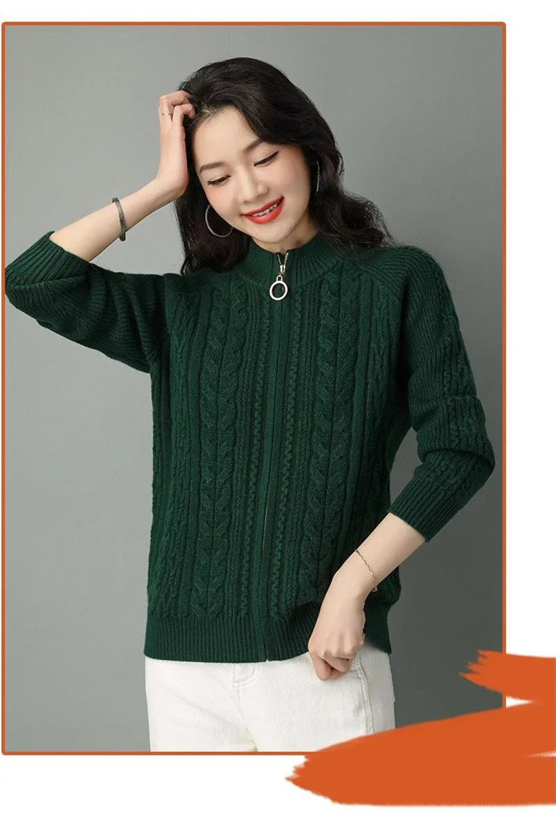 2025 Half High Collar Zipper Knitted Cardigan Jacket Women fall New korean Style  long Sleeve Cardigans Thicken Sweater Coat
