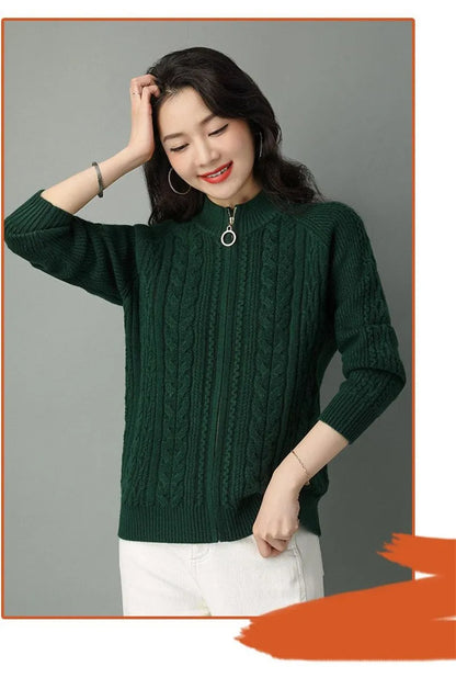 2025 Half High Collar Zipper Knitted Cardigan Jacket Women fall New korean Style  long Sleeve Cardigans Thicken Sweater Coat