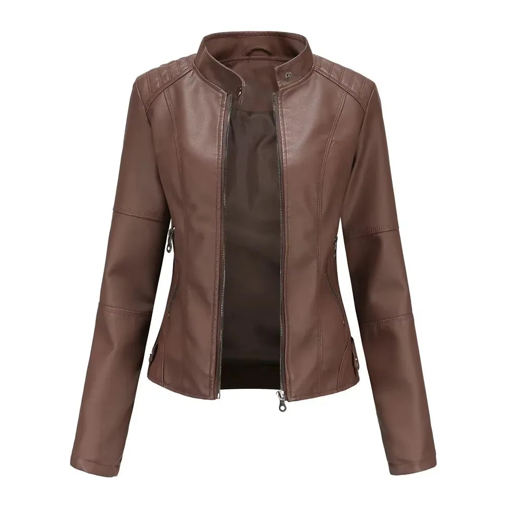 New women's leather jacket Slim jacket Thin section of the spring and autumn jacket Standing collar women's leather jacket