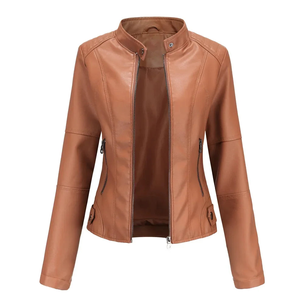 New women's leather jacket Slim jacket Thin section of the spring and autumn jacket Standing collar women's leather jacket