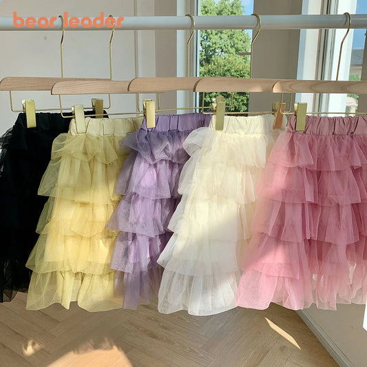 Bear Leader 2025 Summer New Girls' Half Skirt Korean Version Fashion Solid Color Cake Skirts Holiday Leisure Children's Clothing