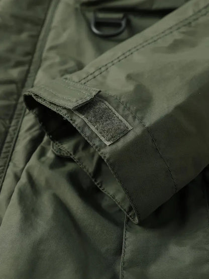 Detachable windproof sleeved hooded jacket suitable for outdoor activities men's casual waterproof multi pocket jacket vest