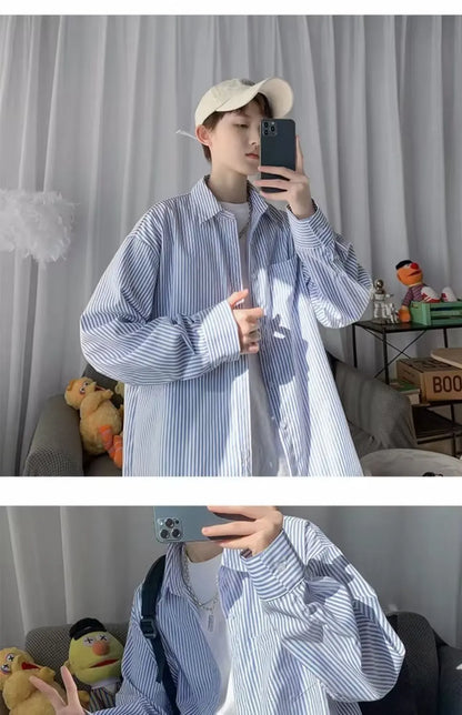 Japanese striped long-sleeved shirt boys simple trend literary fan lining clothes spring and autumn casual coat couple...