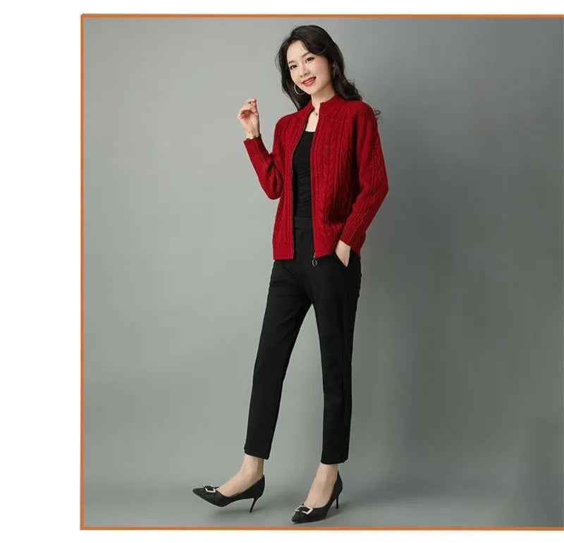 2025 Half High Collar Zipper Knitted Cardigan Jacket Women fall New korean Style  long Sleeve Cardigans Thicken Sweater Coat