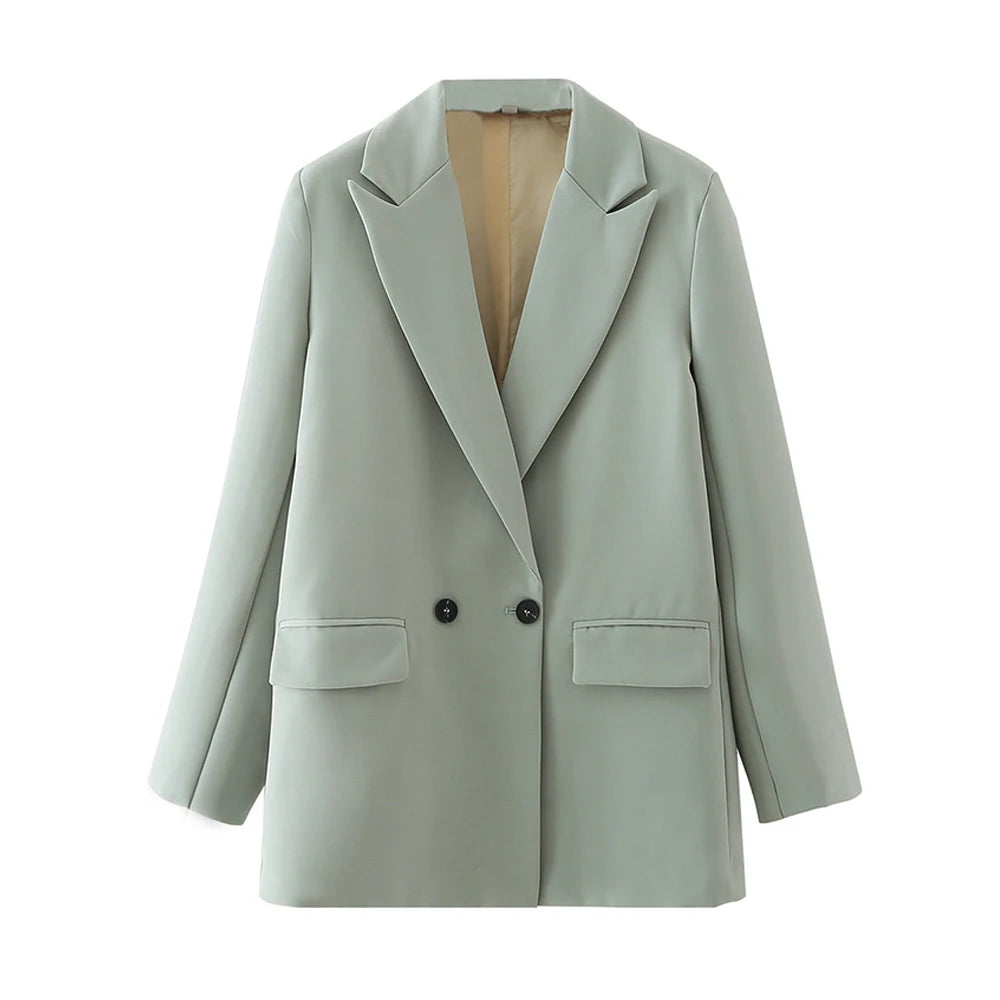 TRZA Women Chic Office Lady Double Breasted Blazer Vintage Coat Fashion Notched Collar Long Sleeve Ladies Outerwear Stylish Tops