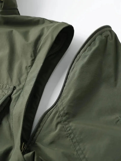 Detachable windproof sleeved hooded jacket suitable for outdoor activities men's casual waterproof multi pocket jacket vest