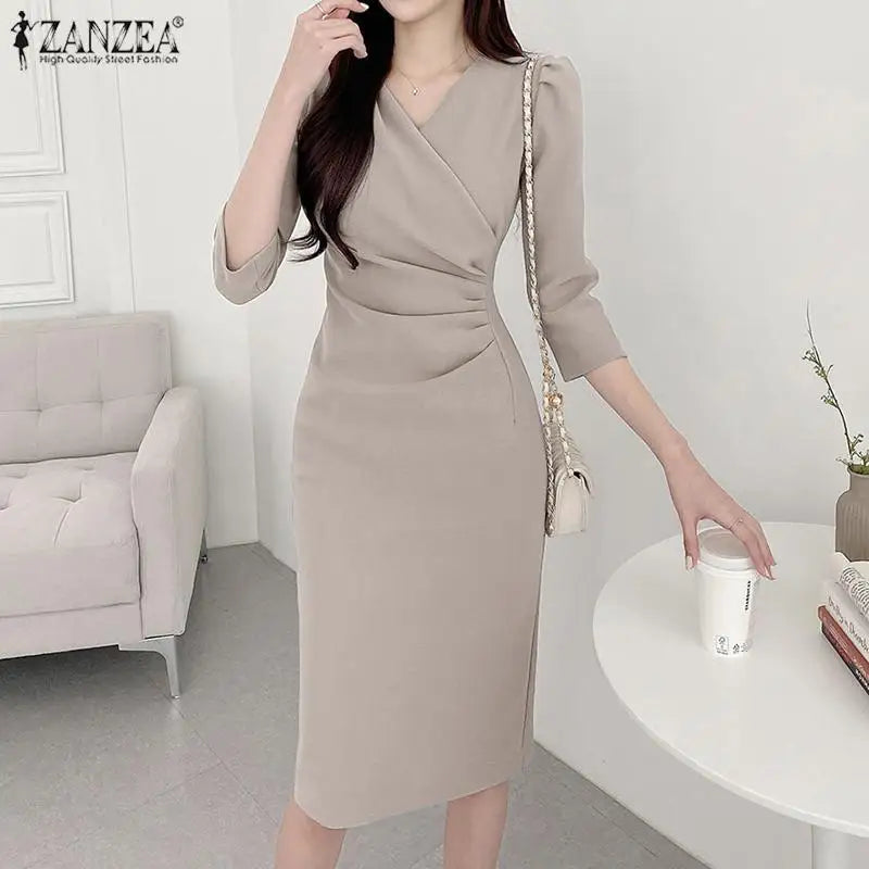 ZANZEA Summer Fashion Womens Dress Sexy Solid Color Knee Length Bodycon Sundress Elegant 3/4 Sleeve V-Neck Work OL Vestidos 2025