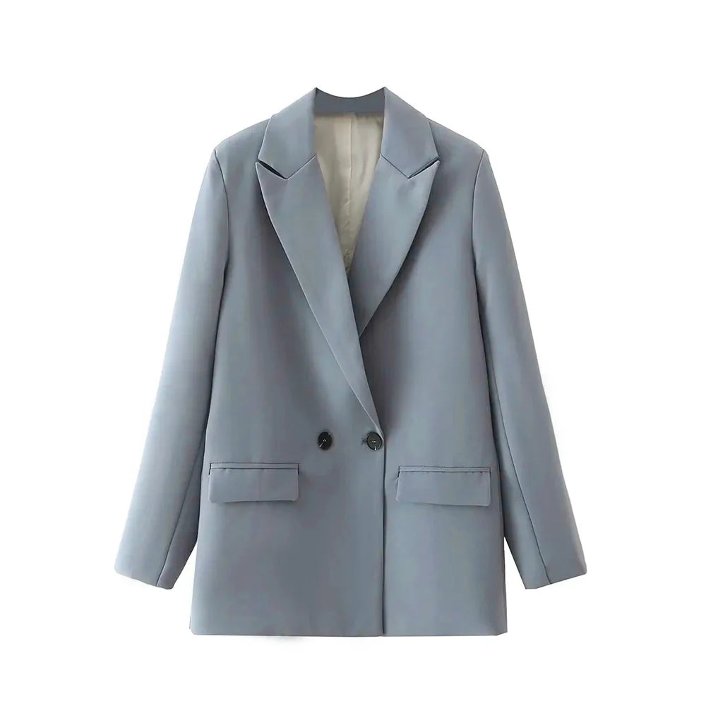 TRZA Women Chic Office Lady Double Breasted Blazer Vintage Coat Fashion Notched Collar Long Sleeve Ladies Outerwear Stylish Tops