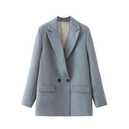 TRZA Women Chic Office Lady Double Breasted Blazer Vintage Coat Fashion Notched Collar Long Sleeve Ladies Outerwear Stylish Tops