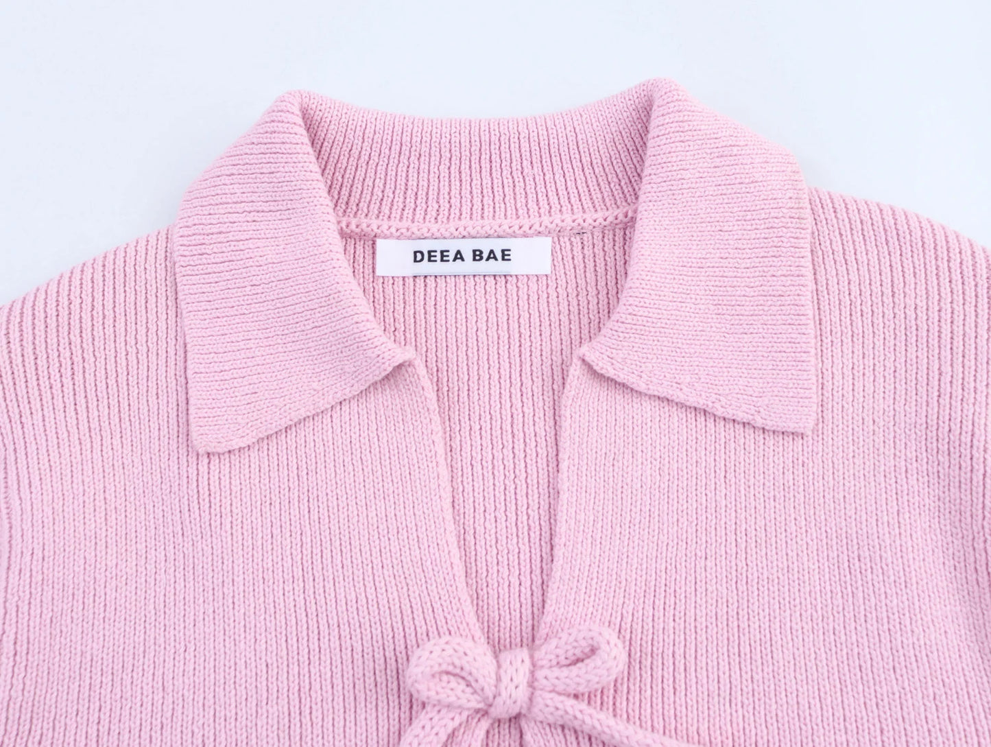 DEEABAE Women's Korean Casual Style Sweet And Pure Desire Bow Decoration Knitted Short Sleeved Lapel Top