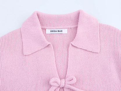 DEEABAE Women's Korean Casual Style Sweet And Pure Desire Bow Decoration Knitted Short Sleeved Lapel Top